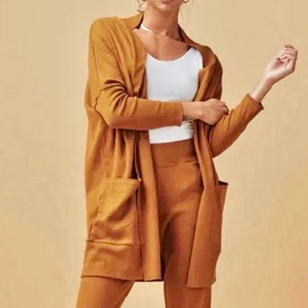 PACT Brooklyn Airplane Cardigan XS/S Chai Heather Organic Cotton Yellow Pocket - Picture 2 of 12